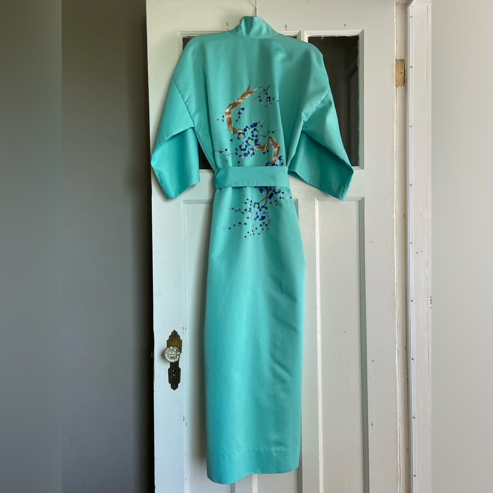 SOLD Vintage 1990s Kimono Bohemian Hippie Robe Blue Cherry Blossom Embroidery